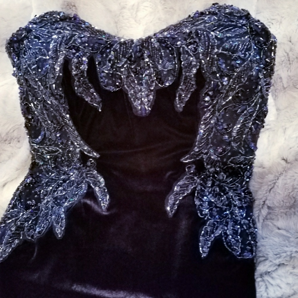 NWT Mac Duggal Velvet Navy Sequined Bustier Dress - Picture 2 of 8